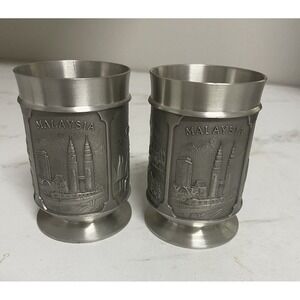 Pair of Vintage Selwin‎ Pewter Malaysia Souvenir Scenes Glasses Cups 3.5"